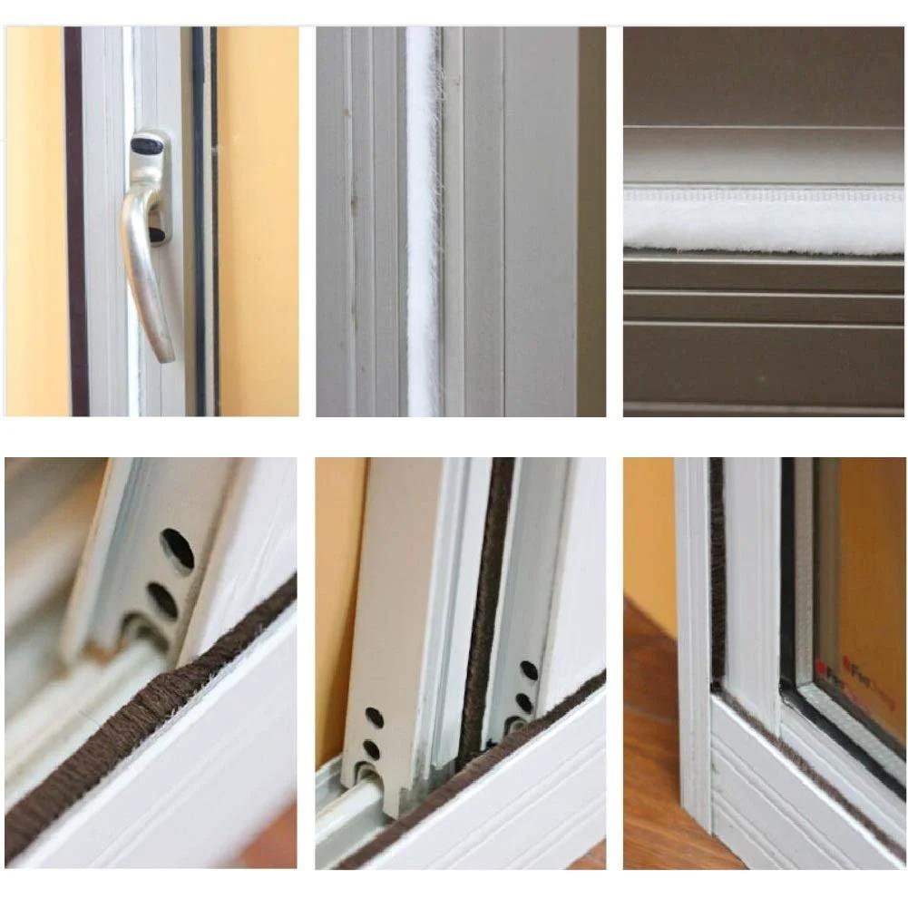 Fuzzy Brush Weatherstripping For Windows And Doors, Self Adhesive Felt Seal, 0.34375 Inch By 0.34375 Inch, 16 Ft Long, white color installed on doors and windows.