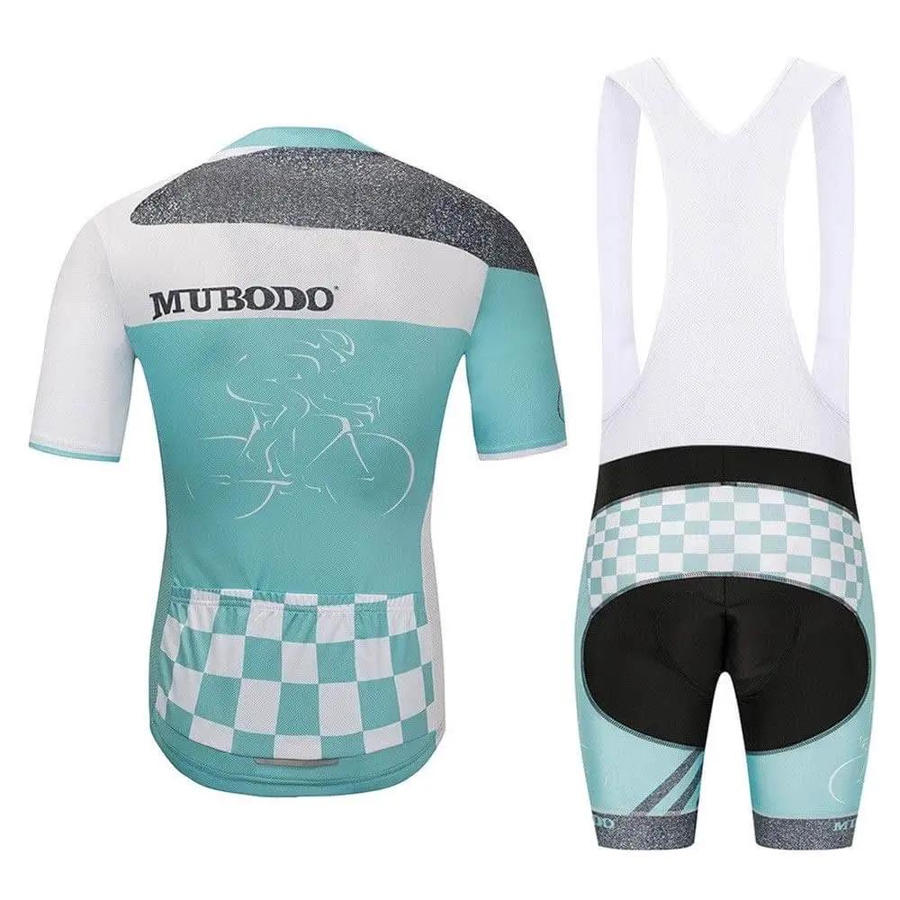 Teal and white cycling jersey and bib shorts set with checkered details, rear view