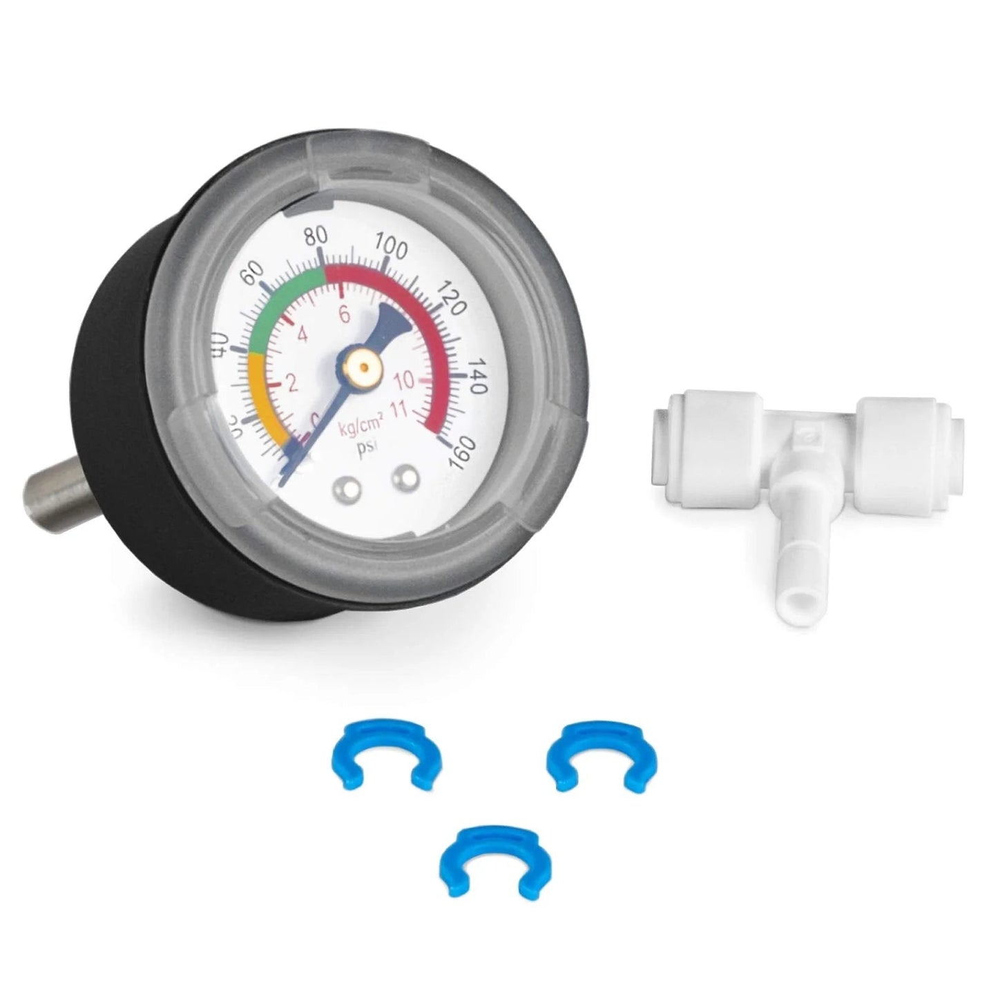 Home Water Pressure Gauge For Reverse Osmosis Systems 160 PSI Monitor With T Stem Adapter Easy Install For RO Filtration And Water Filters Express Water Compatible showing gauge and adapter