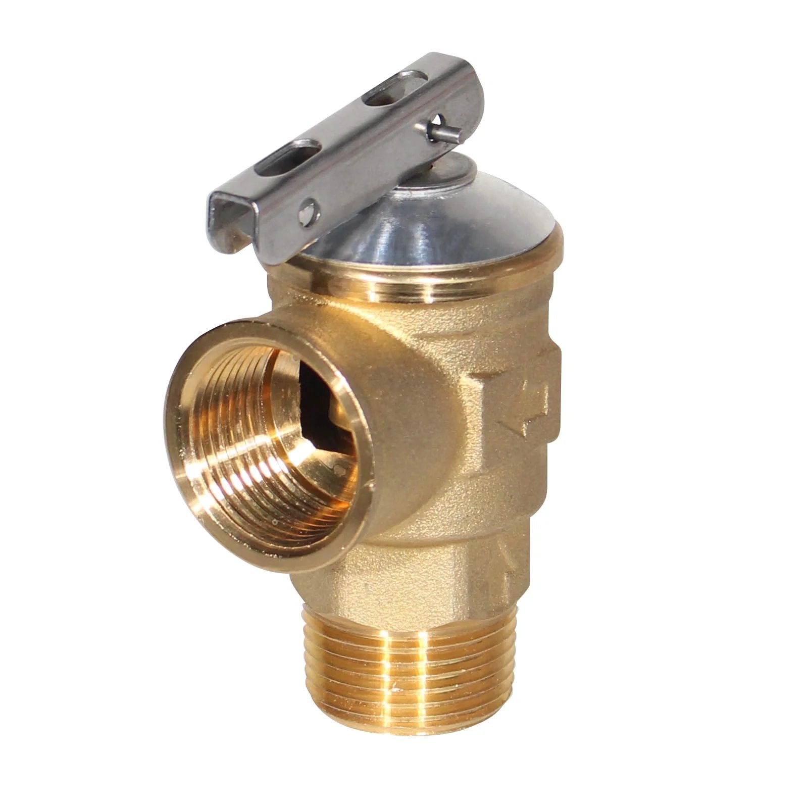 Front view of 3/4 Inch NPT Brass Safety Relief Valve, 150 PSI Overpressure Protection, 2-Port High-Flow For Hot Water Heaters And Boilers.