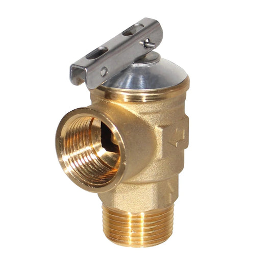 Front view of 3/4 Inch NPT Brass Safety Relief Valve, 150 PSI Overpressure Protection, 2-Port High-Flow For Hot Water Heaters And Boilers.