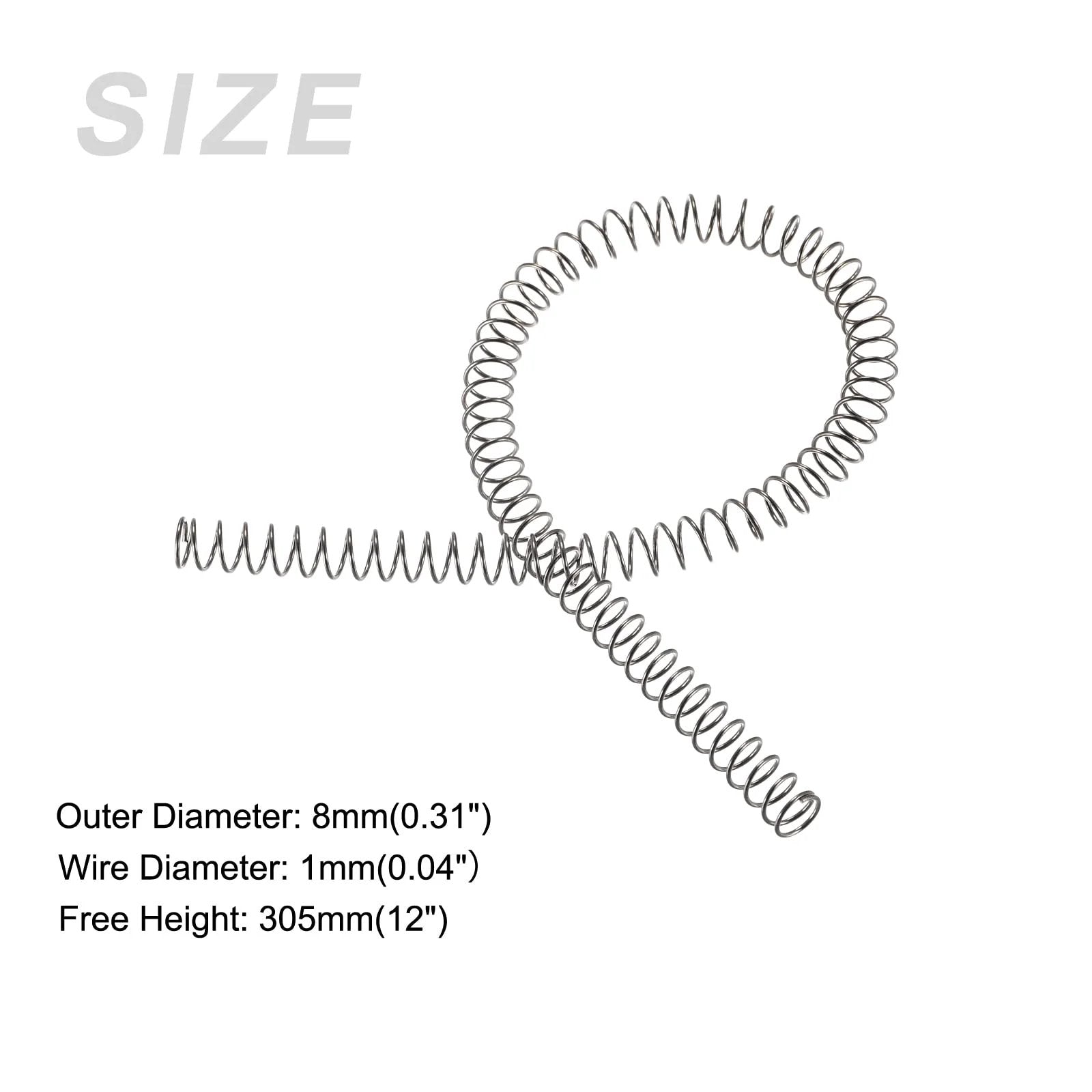 Heavy Duty Extension Spring Set For Home And DIY Repairs With 8mm Outer Diameter And 305mm Free Length In 304 Stainless Steel Two Pack Silver Tone METALLIXITY showing size dimensions