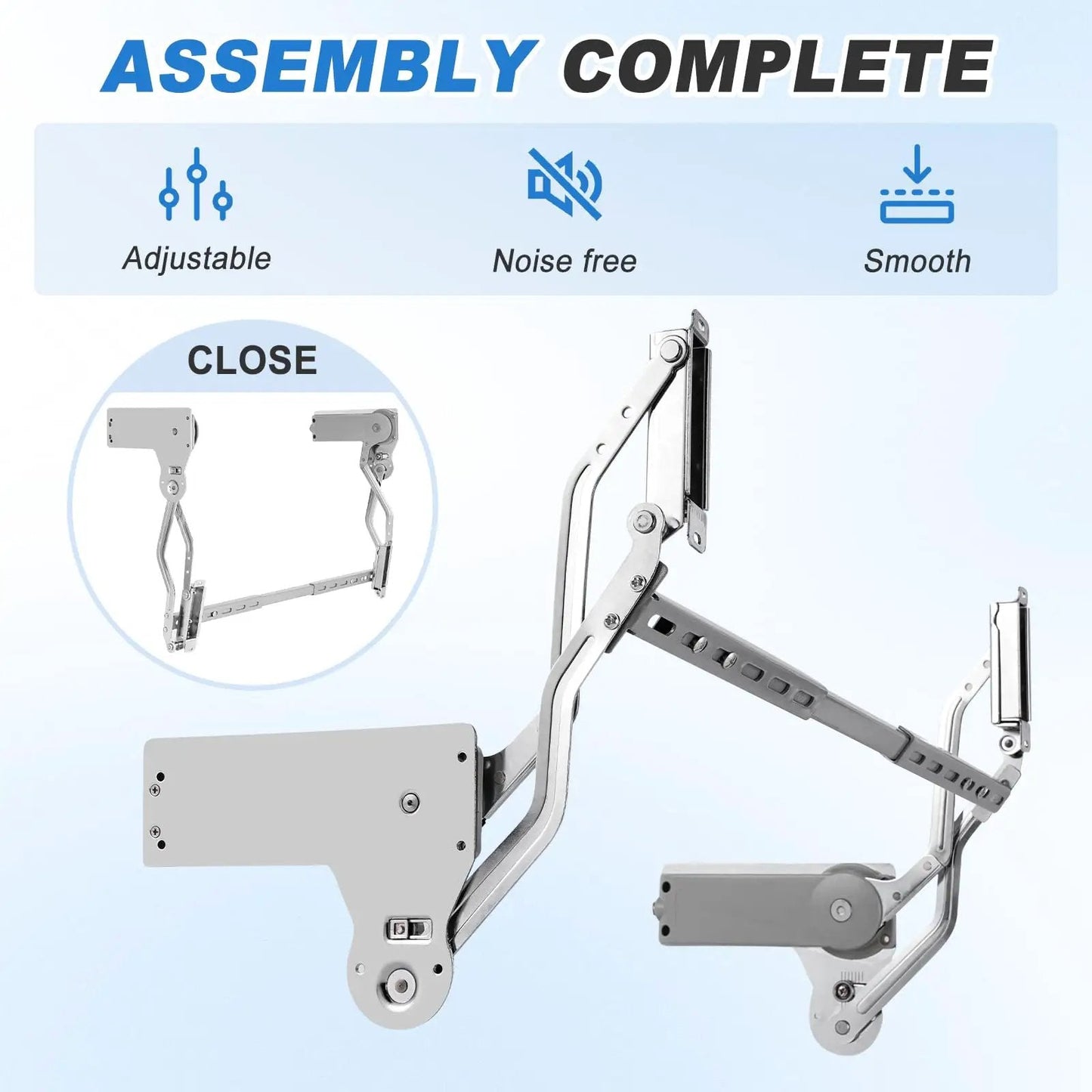Hydraulic Lift Cabinet Door Hinge With Vertical Up Motion For 19.69 To 31.49 Inch Cabinets Soft Silent Close Adjustable 22lb Capacity Fits Doors 0.9 Inch Thick Sturdy Durable Build For Kitchen And Vanity YJINGRUI, shown in assembled position with smooth metal finish and adjustable parts.