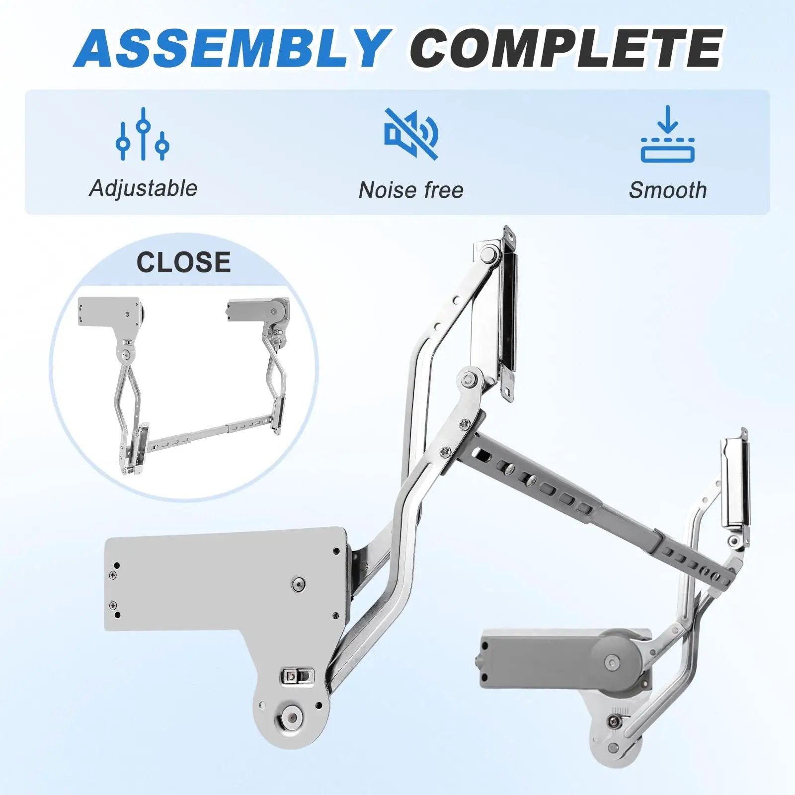 Hydraulic Lift Cabinet Door Hinge With Vertical Up Motion For 19.69 To 31.49 Inch Cabinets Soft Silent Close Adjustable 22lb Capacity Fits Doors 0.9 Inch Thick Sturdy Durable Build For Kitchen And Vanity YJINGRUI, shown in assembled position with smooth metal finish and adjustable parts.