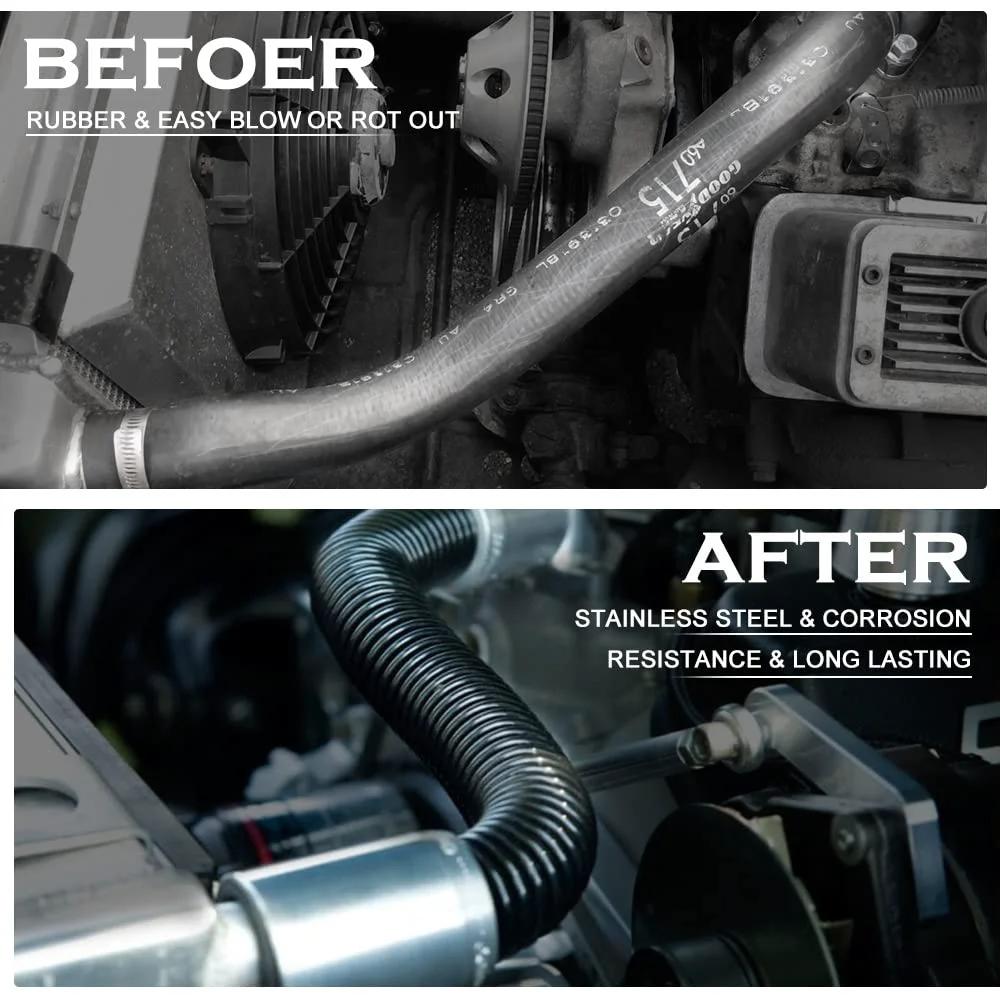 Comparison of a rubber hose before and a Universal 48 Inch Stainless Steel Radiator Hose Kit With Flexible Coolant Water Hose And Four Clamps Black For Easy DIY Install And Pro Grade Fit To Keep Your Cooling System Flexible And Ready installed.