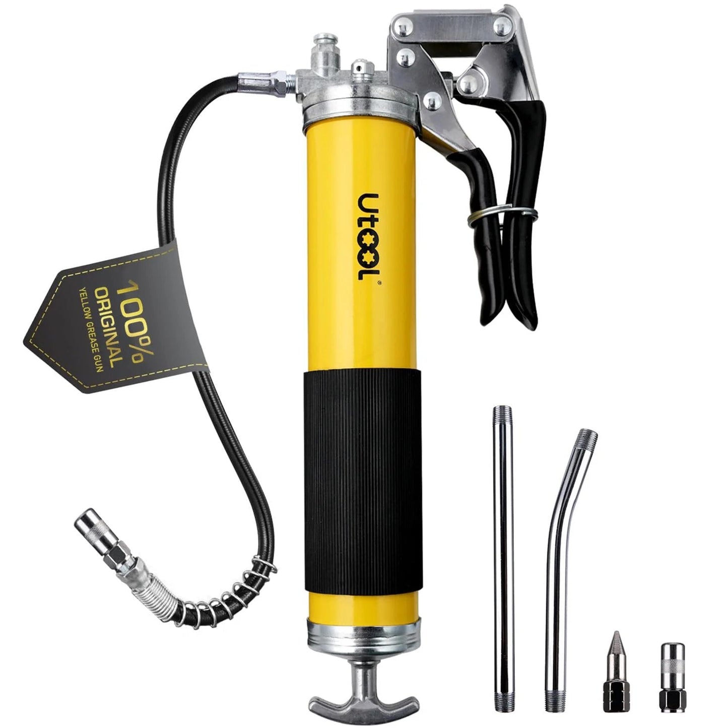 Beefy 8000 PSI Grease Gun Kit with Pistol Grip and 14 oz capacity, 18 inch resin flex hose, two couplers, and sharp nozzle.
