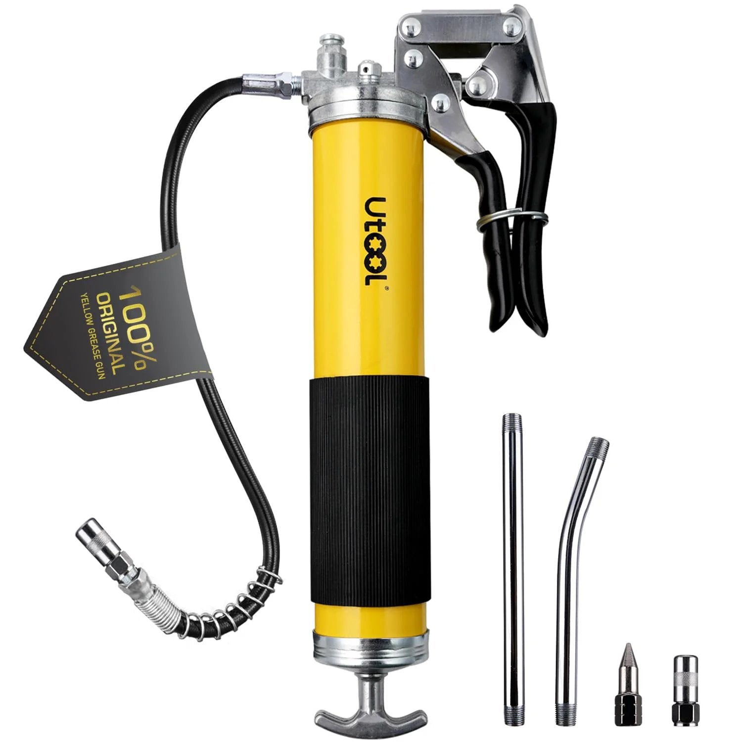 Beefy 8000 PSI Grease Gun Kit with Pistol Grip and 14 oz capacity, 18 inch resin flex hose, two couplers, and sharp nozzle.