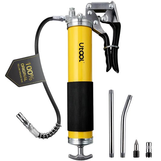 Beefy 8000 PSI Grease Gun Kit with Pistol Grip and 14 oz capacity, 18 inch resin flex hose, two couplers, and sharp nozzle.