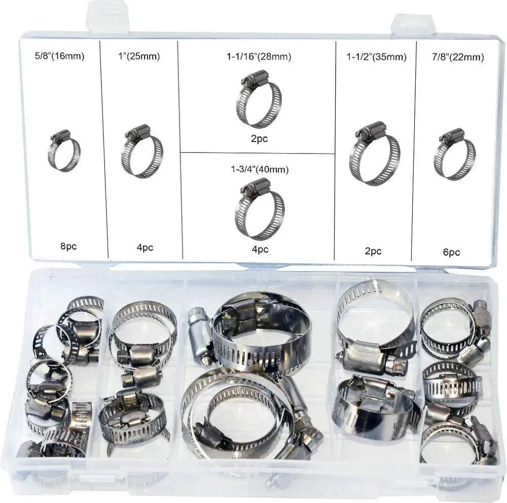 Stainless Steel Hose Clamp Assortment Kit With 26 Pieces And Storage Case Worm Gear Design For Securing Hoses On Pipes Or Automotive Uses Pro Grade