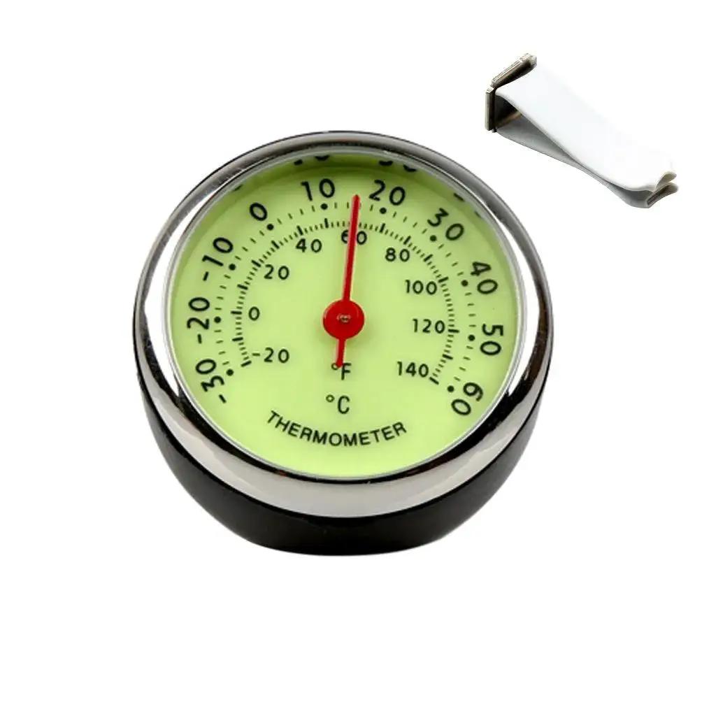 Compact Car Dashboard Thermometer with Night Glow Clip for Air Vent showing temperature scale and included vent clip
