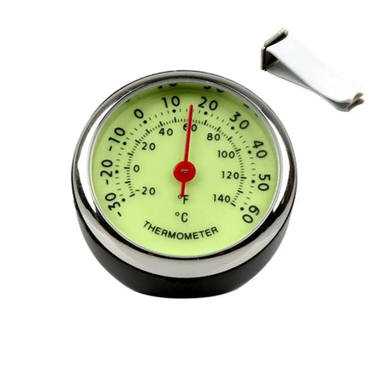 Compact Car Dashboard Thermometer with Night Glow Clip for Air Vent showing temperature scale and included vent clip
