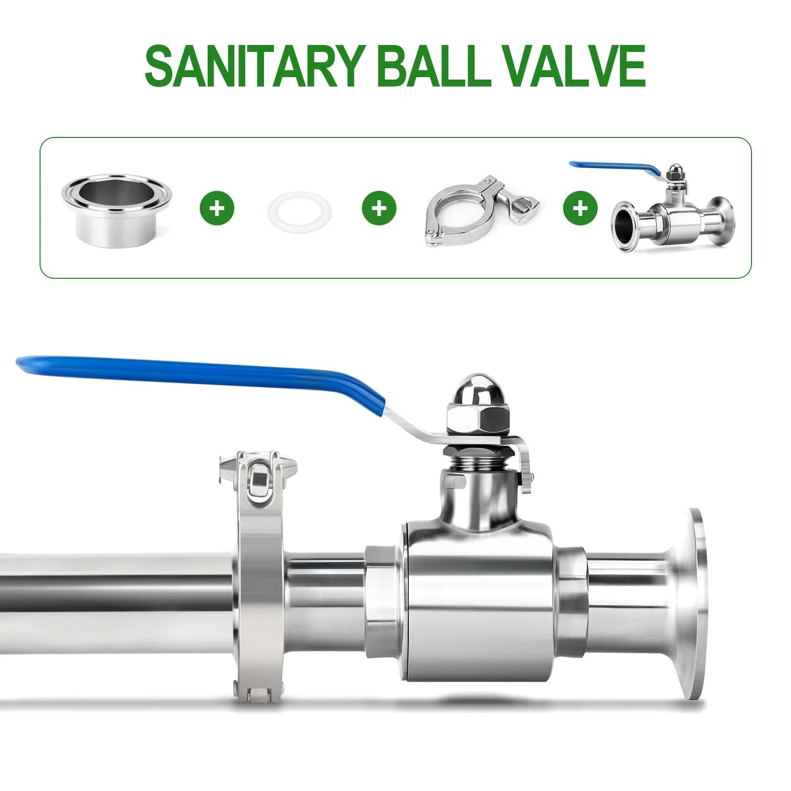 2.5 Inch Tube OD Sanitary Ball Valve Kit 304 Stainless Steel Tri Clamp 77.5mm Ferrule Flange for Industry Pipe Connections