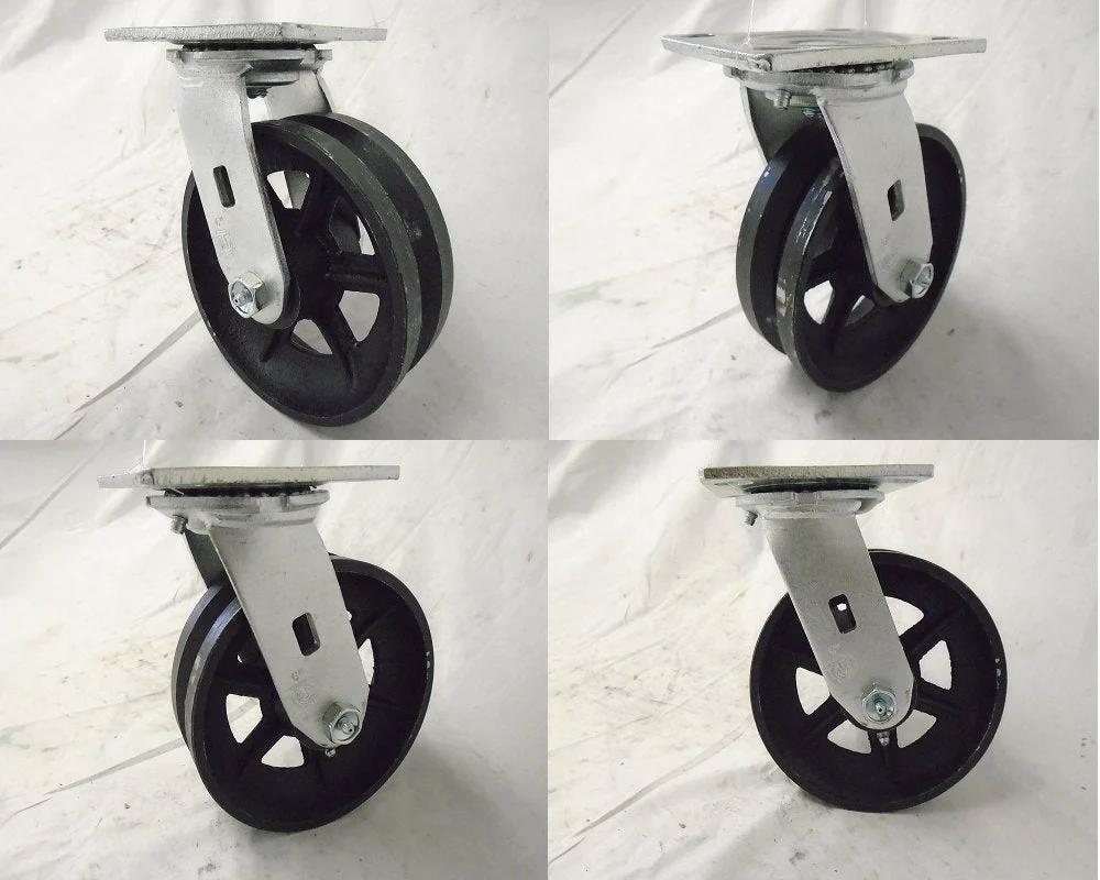 4 Pack Swivel Caster Wheel Set 6x2 Inch With Seven Eighths Inch V Groove Iron Steel Wheels Supports 4,000 Lbs Total (1,000 Lb Each) Top Plate 4x4.5 Inches Bolt Pattern 3x3 Inches Built Tough For Gates Carts DIY Projects Racks And More