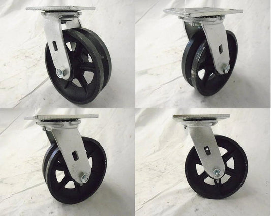 4 Pack Swivel Caster Wheel Set 6x2 Inch With Seven Eighths Inch V Groove Iron Steel Wheels Supports 4,000 Lbs Total (1,000 Lb Each) Top Plate 4x4.5 Inches Bolt Pattern 3x3 Inches Built Tough For Gates Carts DIY Projects Racks And More