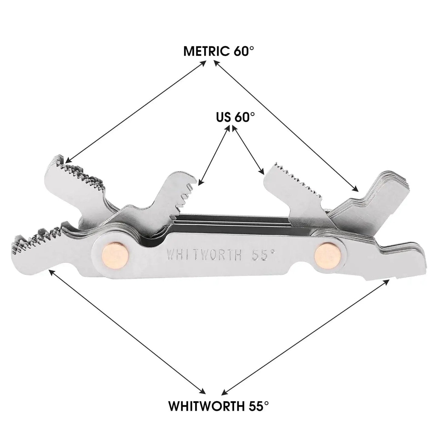 Side view of All In One 3 In 1 Thread Gauge Pro For Metric 60 Degree Whitworth 55 Degree And SAE 60 Degree Threads In Stainless Steel