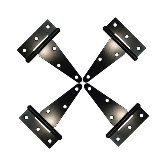 Heavy Duty Tee Hinge Set 4 Inch 4 Pc Rustproof Wrought Iron Black Finish for Outdoor and Indoor Use, shown from top view.