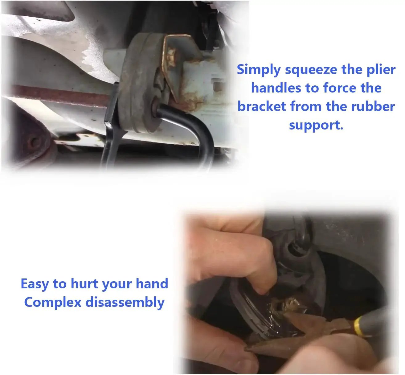 Exhaust Hanger Removal Tool And Rubber Bracket Pliers For All Vehicles in use, showing pliers squeezing rubber support.