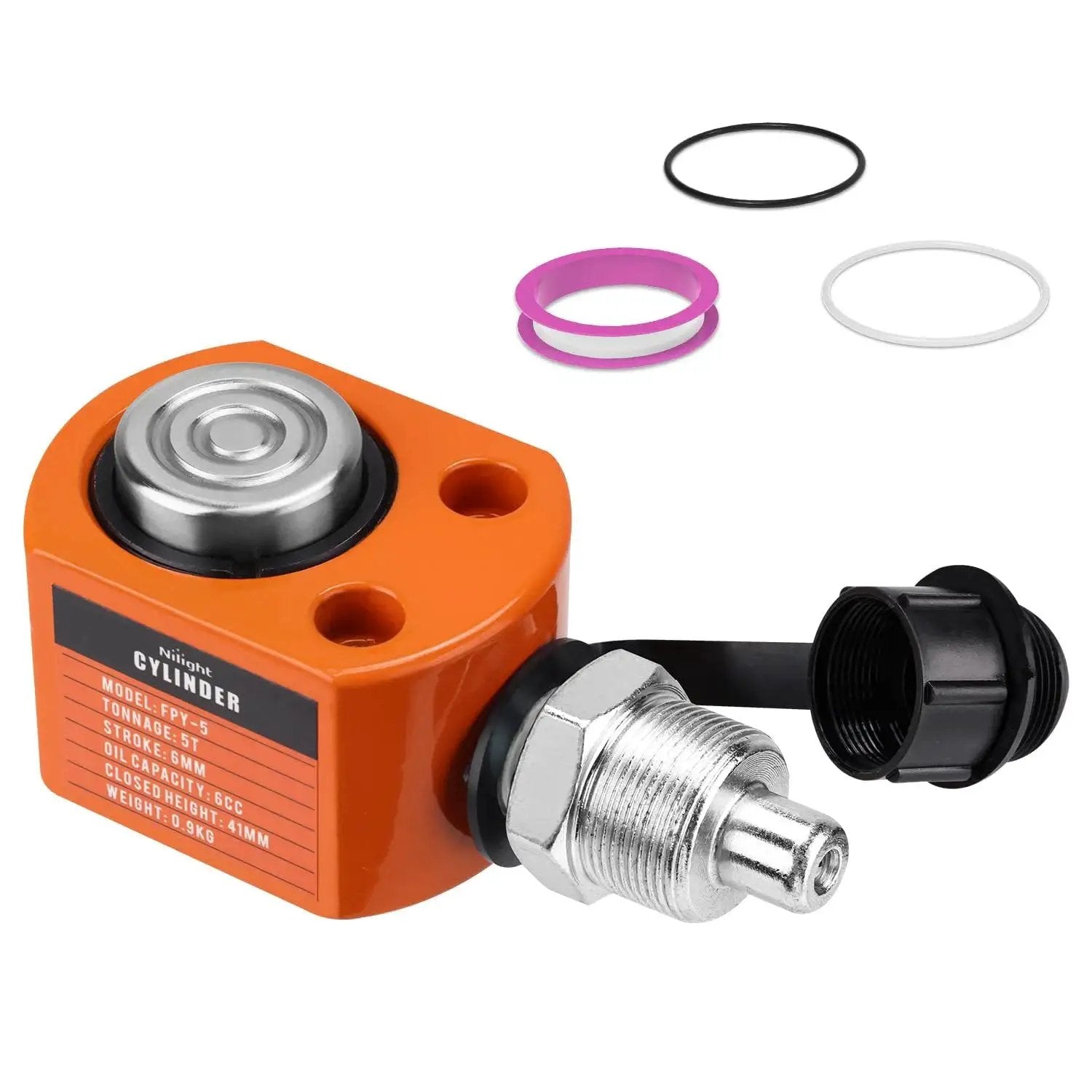 5 Ton Hydraulic Porta Power Jack Low Profile With 0.24in Stroke Auto Retract, orange cylinder and metal connector front view