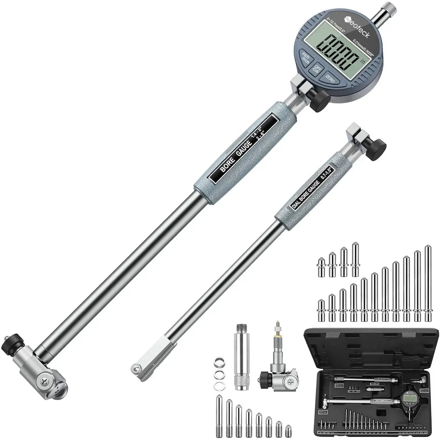 Ultra Precise Digital Dial Bore Gauge For Engine Cylinder Measurements 0.7 To 6 In Range 6 In Depth 0.0005 In Accuracy Includes 23 Anvils For Any Bore Size Easy To Use For Pros And DIY Machinists By Neoteck, showing gauge, anvils, and case.