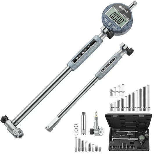 Ultra Precise Digital Dial Bore Gauge For Engine Cylinder Measurements 0.7 To 6 In Range 6 In Depth 0.0005 In Accuracy Includes 23 Anvils For Any Bore Size Easy To Use For Pros And DIY Machinists By Neoteck, showing gauge, anvils, and case.