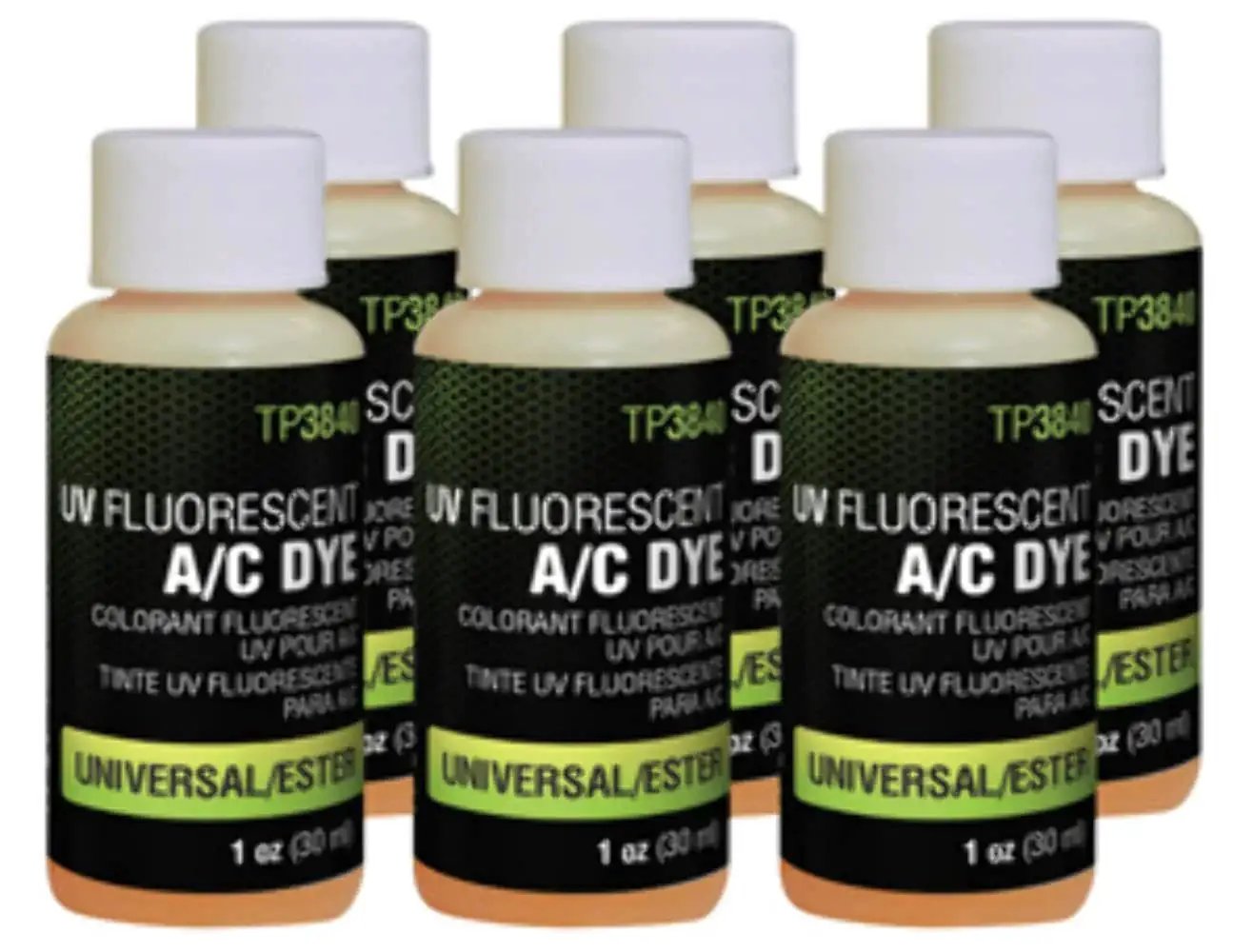 Universal AC Dye Six 1 Oz Bottles For R1234yf And R134a; six 1 oz bottles of fluorescent ester dye for air conditioning systems.