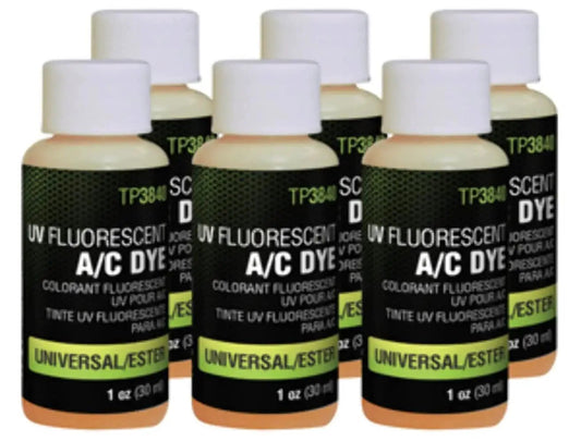 Universal AC Dye Six 1 Oz Bottles For R1234yf And R134a; six 1 oz bottles of fluorescent ester dye for air conditioning systems.