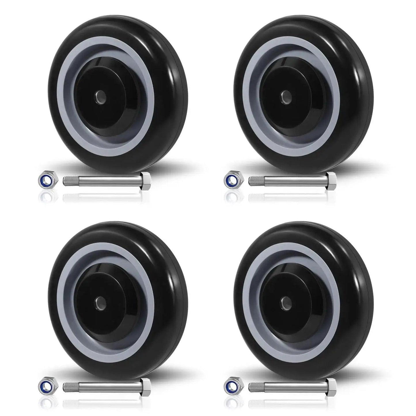 5 Inch Shopping Cart Replacement Wheels Kit With Dual Precision Bearings, Polyurethane Wheels Set Of 4, black, with bolts.