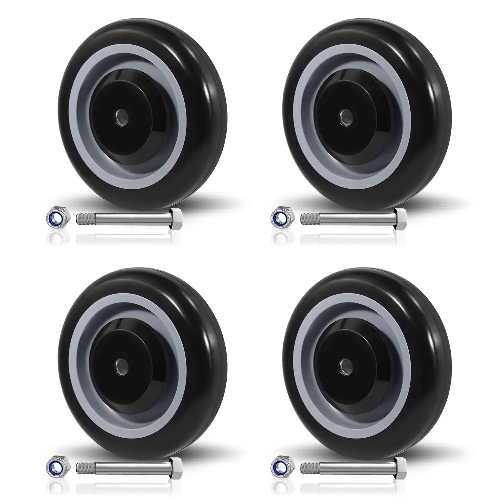5 Inch Shopping Cart Replacement Wheels Kit With Dual Precision Bearings, Polyurethane Wheels Set Of 4, black, with bolts.