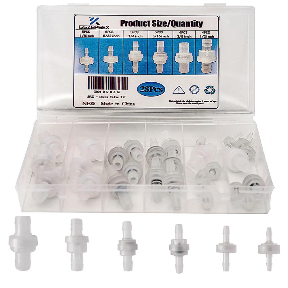 28 Piece Plastic Check Valve Set With Plug-In Barb One Way Vacuum Valves For Liquids And Gases, Multiple Sizes 1/8 To 1/2 Inch, Fits Water Oil And Air Lines, Prevents Backflow And Reverse Flow, Easy Install, Durable And Reliable