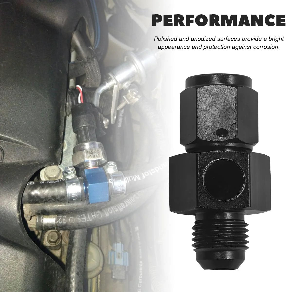 6AN Male Flare to 6AN Female Swivel Fitting Adapter for Fuel Oil Lines with One Eighth NPT Gauge Port Aluminum Straight Fuel Pressure Take Off Sensor Fitting Tough High Pressure Line Connector shown with installed view