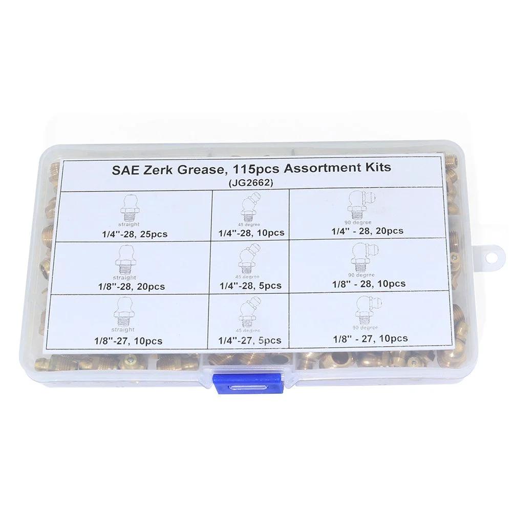115 Piece SAE Brass Zerk Fitting Assortment Kit for Hydraulic Grease Straight One Quarter Inch Twenty Eight Threads One Eighth Inch and Forty Five Degree and Ninety Degree Angled Zerk Set Heavy Duty Brass Bronze Construction Plastic Case Included