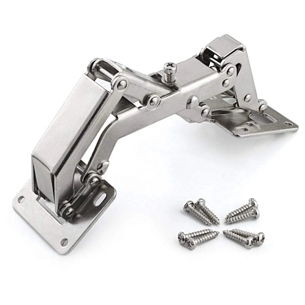 Frameless Cabinet Hinges With Hidden Hydraulic Soft Close And 130 To 170 Degree Adjustable Mount For Kitchen And Wardrobe Easy Install Stainless Steel Nickel Finish Dampers 1 Pair, showing the hinge and screws