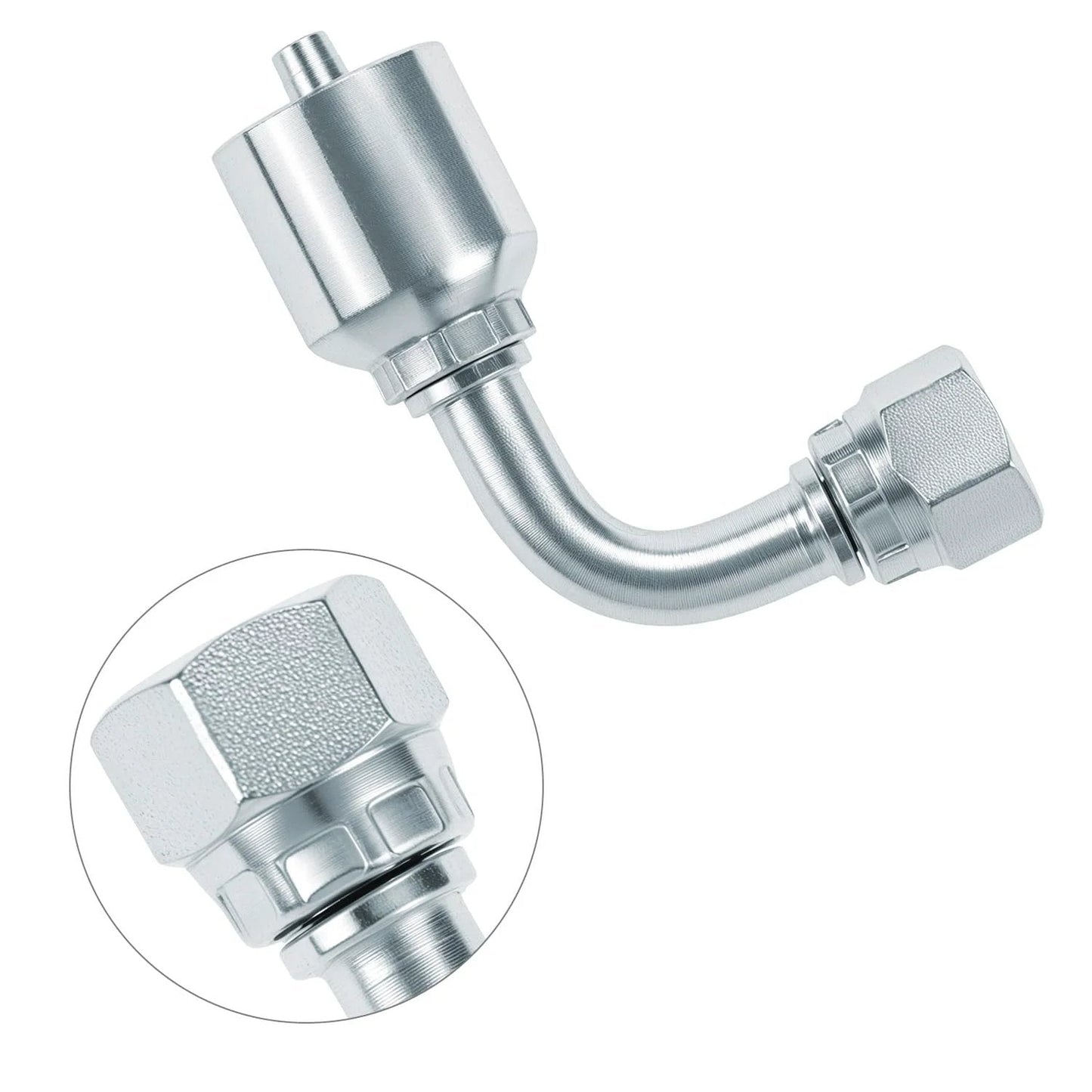 Close-up view of 10 Pack 1/4 Inch Hydraulic Fittings Set QWORK 1/4 Inch JIC 37 Degree Female 90 Degree Swivel Crimp Fitting.