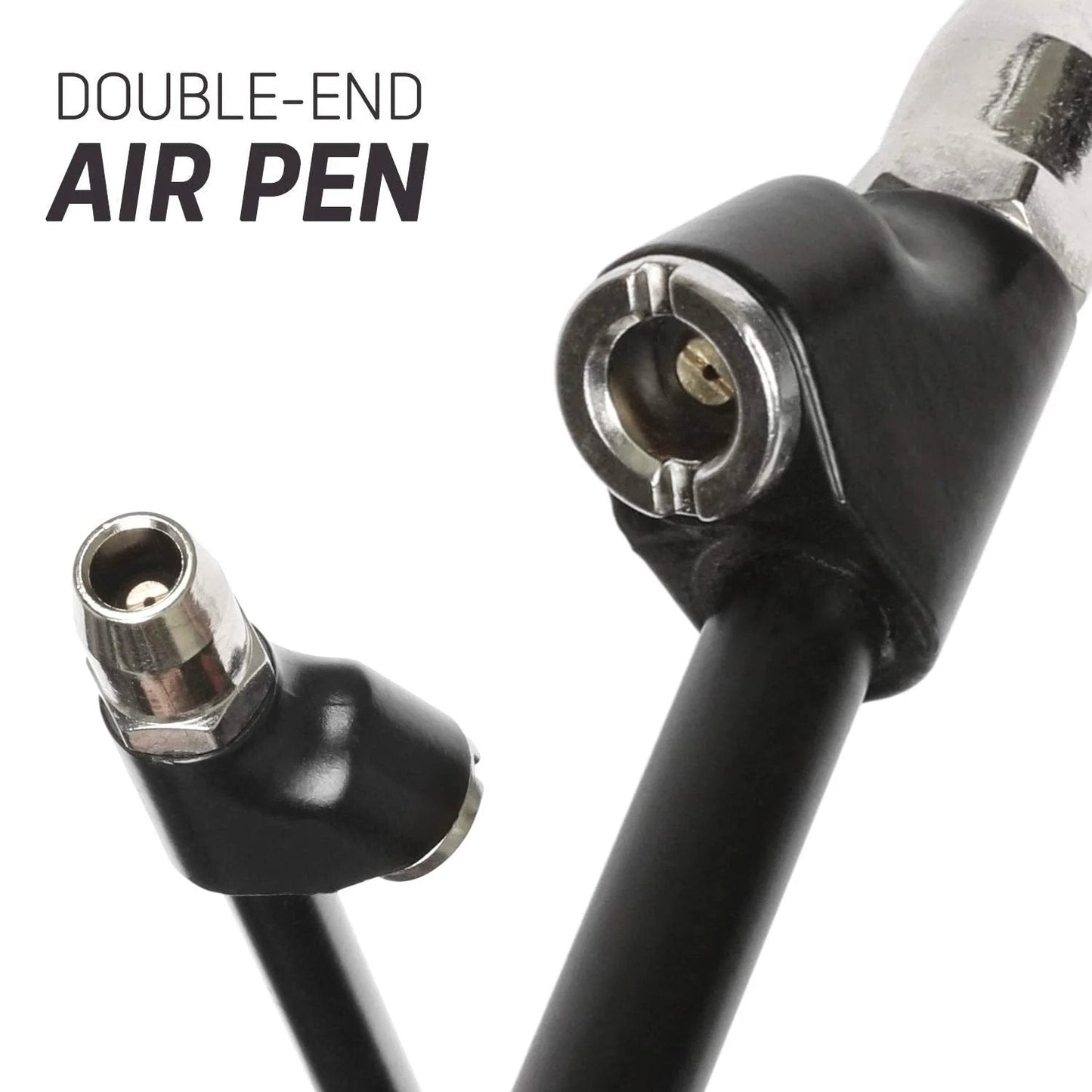 Heavy Duty Dual Head Pencil Style Air Pressure Gauge With Extended Tube 10-150 PSI Easy To Read Two Sided Scale Ideal For Dual Wheels And Tough To Reach Valves Hang Up Loop Built For Service Grade Use WYNNsky, close-up view of dual-end air pen with metal fittings.