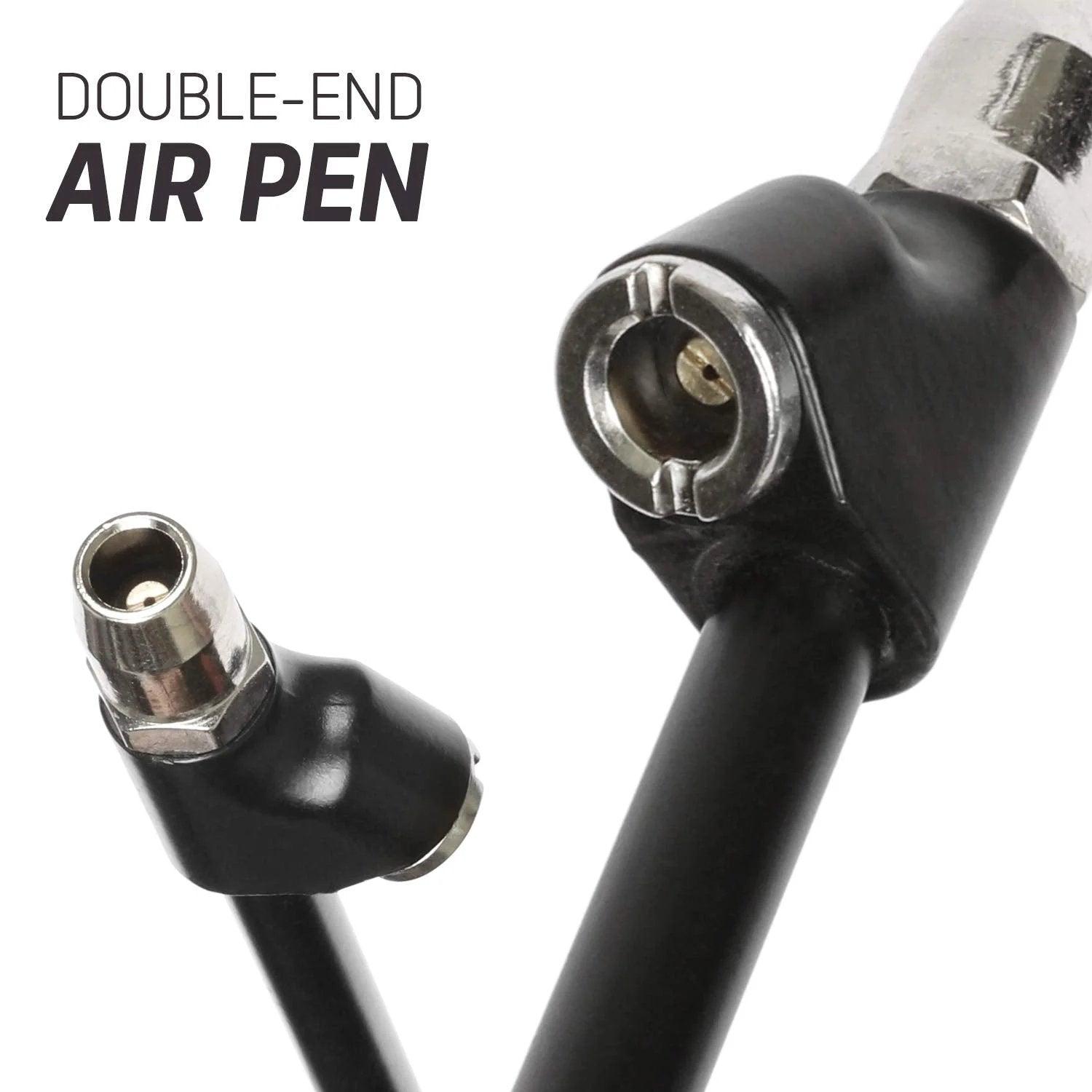 Heavy Duty Dual Head Pencil Style Air Pressure Gauge With Extended Tube 10-150 PSI Easy To Read Two Sided Scale Ideal For Dual Wheels And Tough To Reach Valves Hang Up Loop Built For Service Grade Use WYNNsky, close-up view of dual-end air pen with metal fittings.