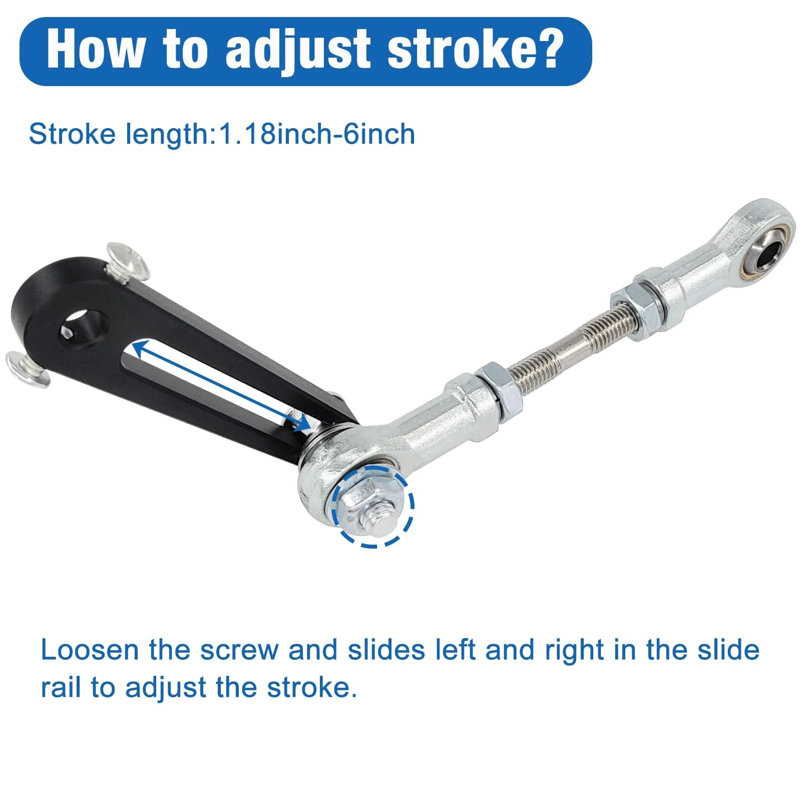 Rocker Arm For Reciprocating Linear Actuator With Adjustable Stroke From 30 To 150mm And 8mm Motor Shaft Hole, Beefy Steel And Aluminum Alloy Construction, Durable Replacement Accessory For DIY And Industrial Actuators JQDML, showing adjustable stroke mechanism