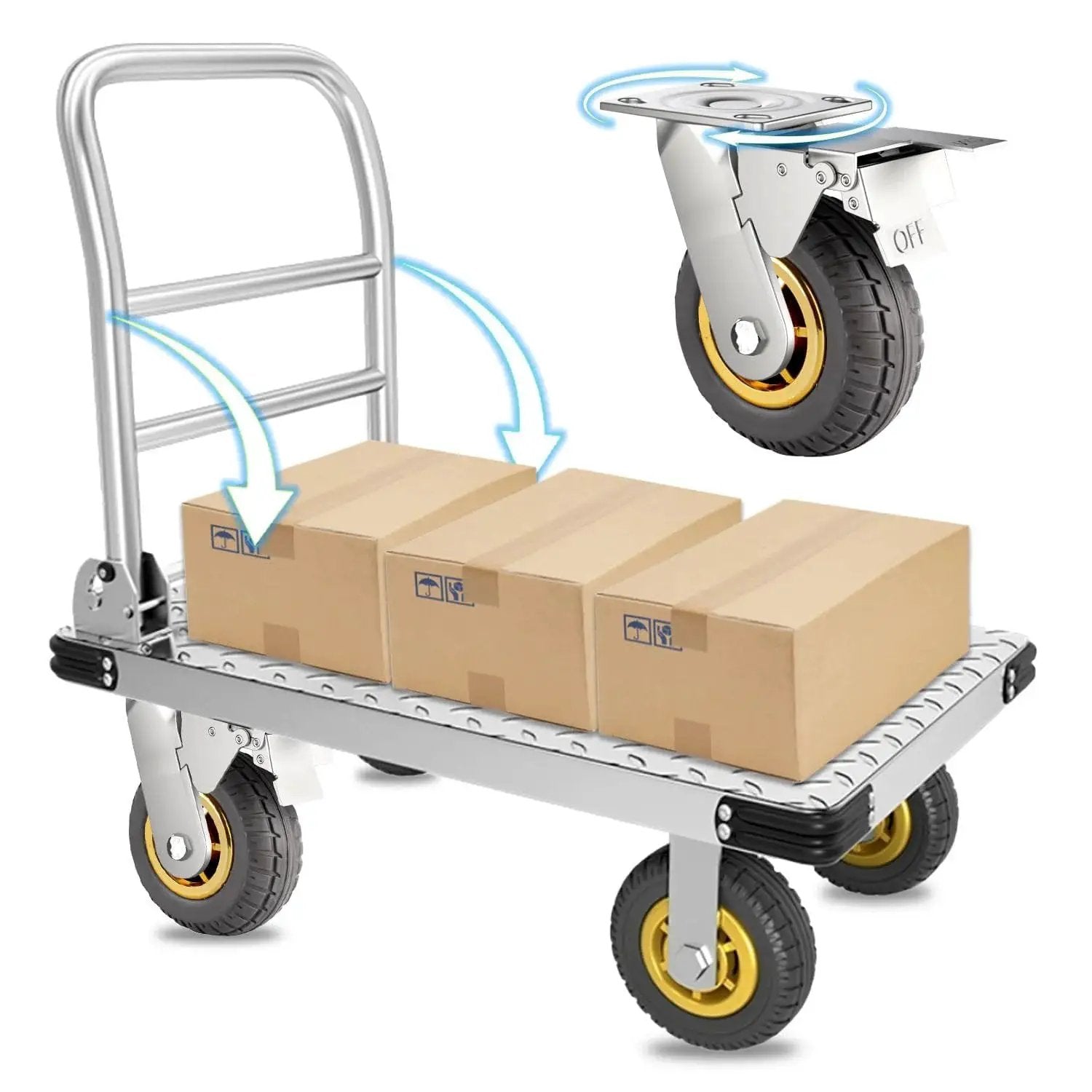 Foldable Platform Truck Push Dolly Heavy Duty 2000 Lb Capacity with brake and 6 inch swivel wheels, loaded with boxes, side view