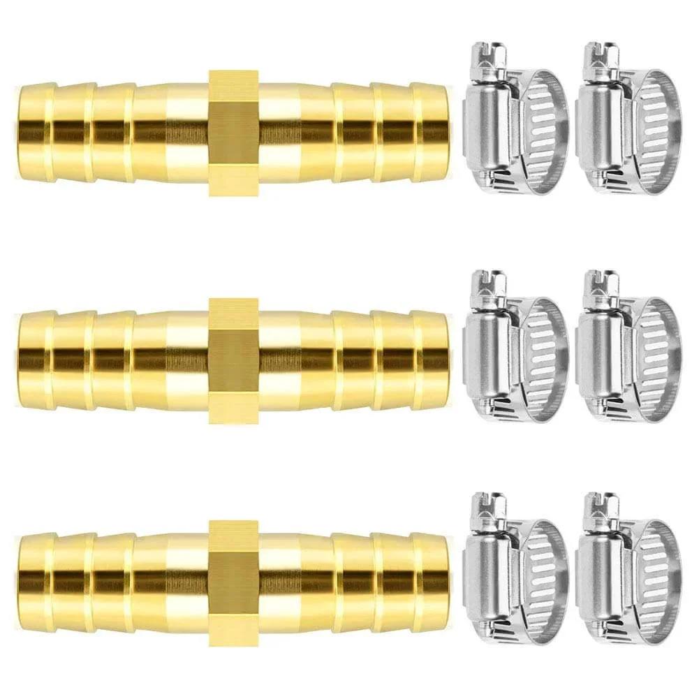 Three Eighths Inch Brass Hose Barb Splicer Mender Fittings With Six Stainless Steel Pipe Clamps For Water Fuel And Air Hoses 10 Millimeter Inner Diameter Ideal For Automotive Marine RV And Workshop Use Durable Brass Construction For Long Lasting
