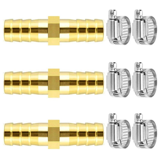 Three Eighths Inch Brass Hose Barb Splicer Mender Fittings With Six Stainless Steel Pipe Clamps For Water Fuel And Air Hoses 10 Millimeter Inner Diameter Ideal For Automotive Marine RV And Workshop Use Durable Brass Construction For Long Lasting