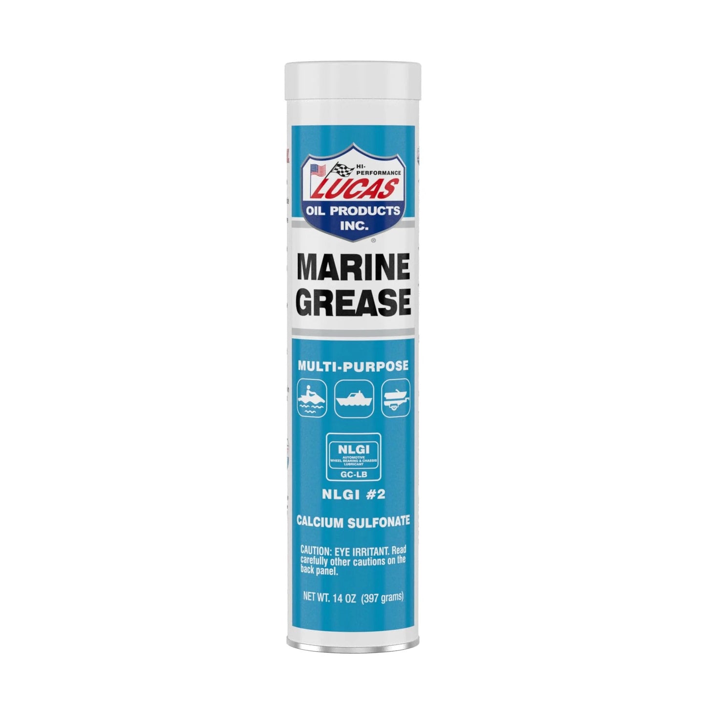 Lucas Oil 10320 14 oz tube labeled Pro Grade Marine Grease For Boats And Gear Keeping Bearings And Steering Smooth In Wet Conditions