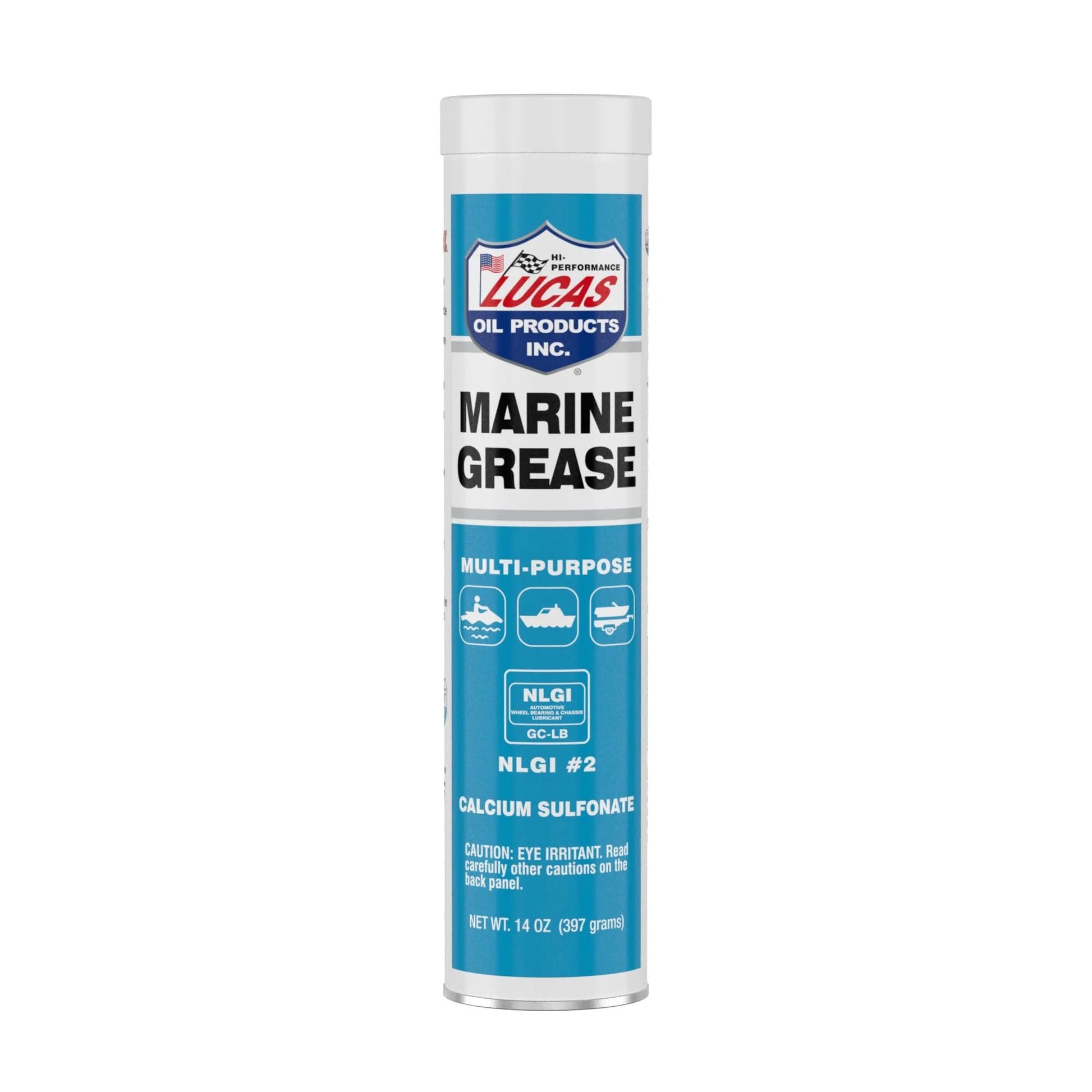 Lucas Oil 10320 14 oz tube labeled Pro Grade Marine Grease For Boats And Gear Keeping Bearings And Steering Smooth In Wet Conditions