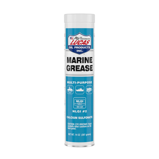 Lucas Oil 10320 14 oz tube labeled Pro Grade Marine Grease For Boats And Gear Keeping Bearings And Steering Smooth In Wet Conditions