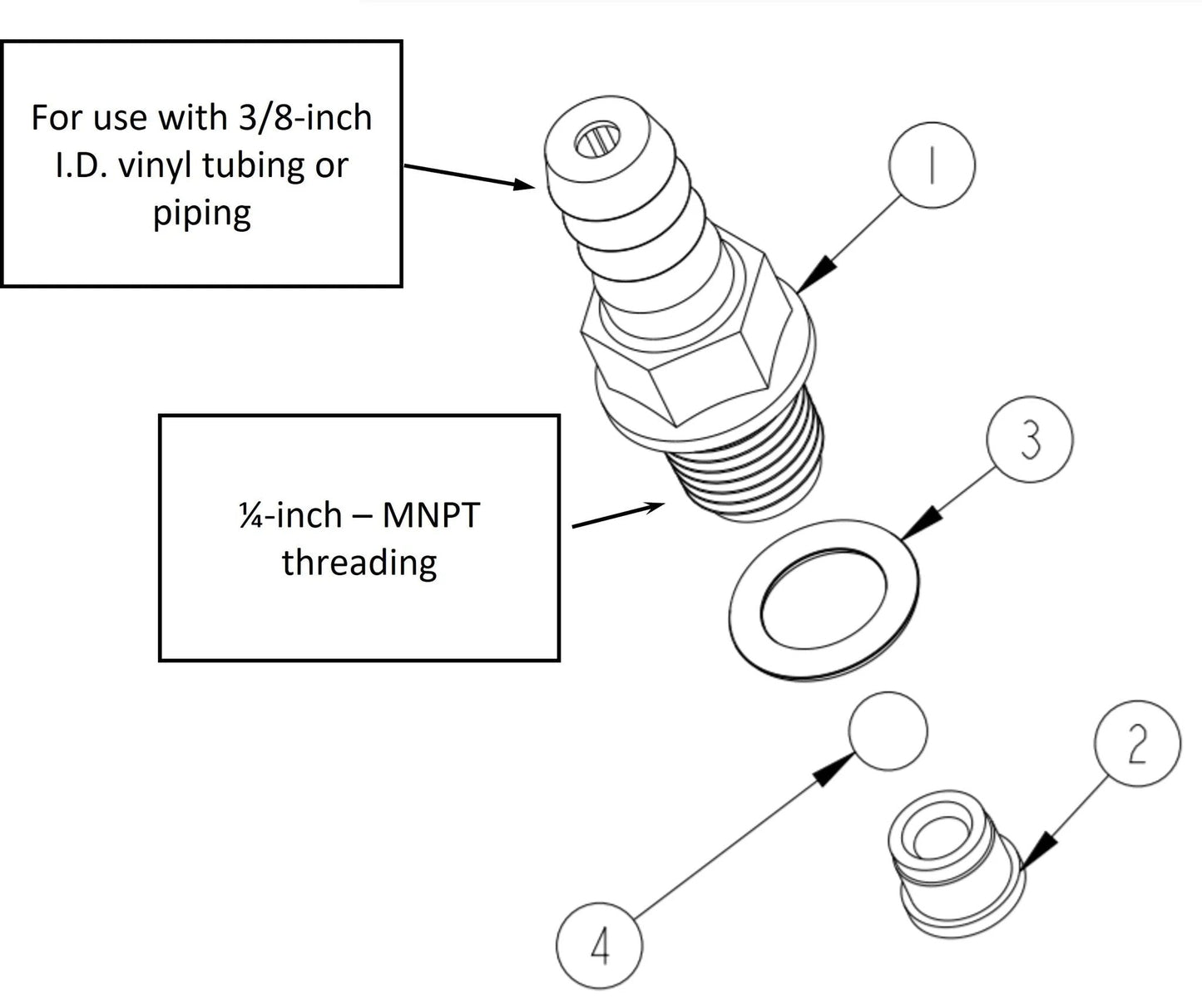 Diagram of Reliable Check Valve for Little Giant Condensate Pumps showing 3/8-inch barbed fitting and 1/4-inch MNPT threading.