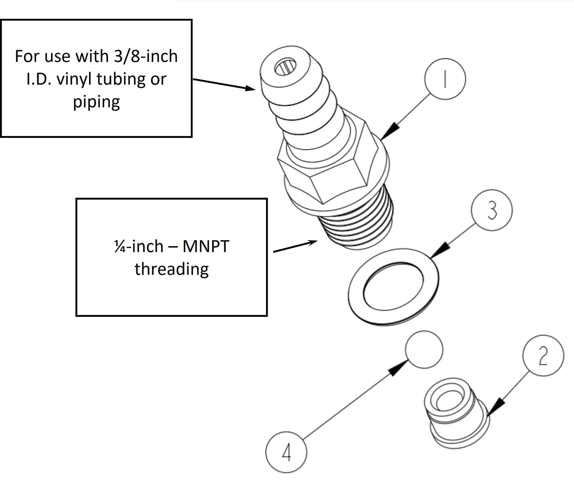 Diagram of Reliable Check Valve for Little Giant Condensate Pumps showing 3/8-inch barbed fitting and 1/4-inch MNPT threading.