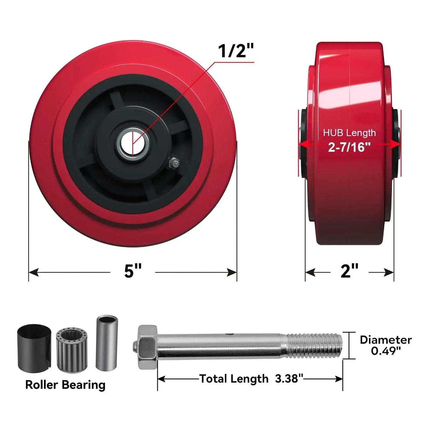 Heavy Duty Polyurethane Caster Wheel 5 Inch By 2 Inch Replacement Set Of 4 Non Marking Tread On Polyolefin Core With Roller Bearing