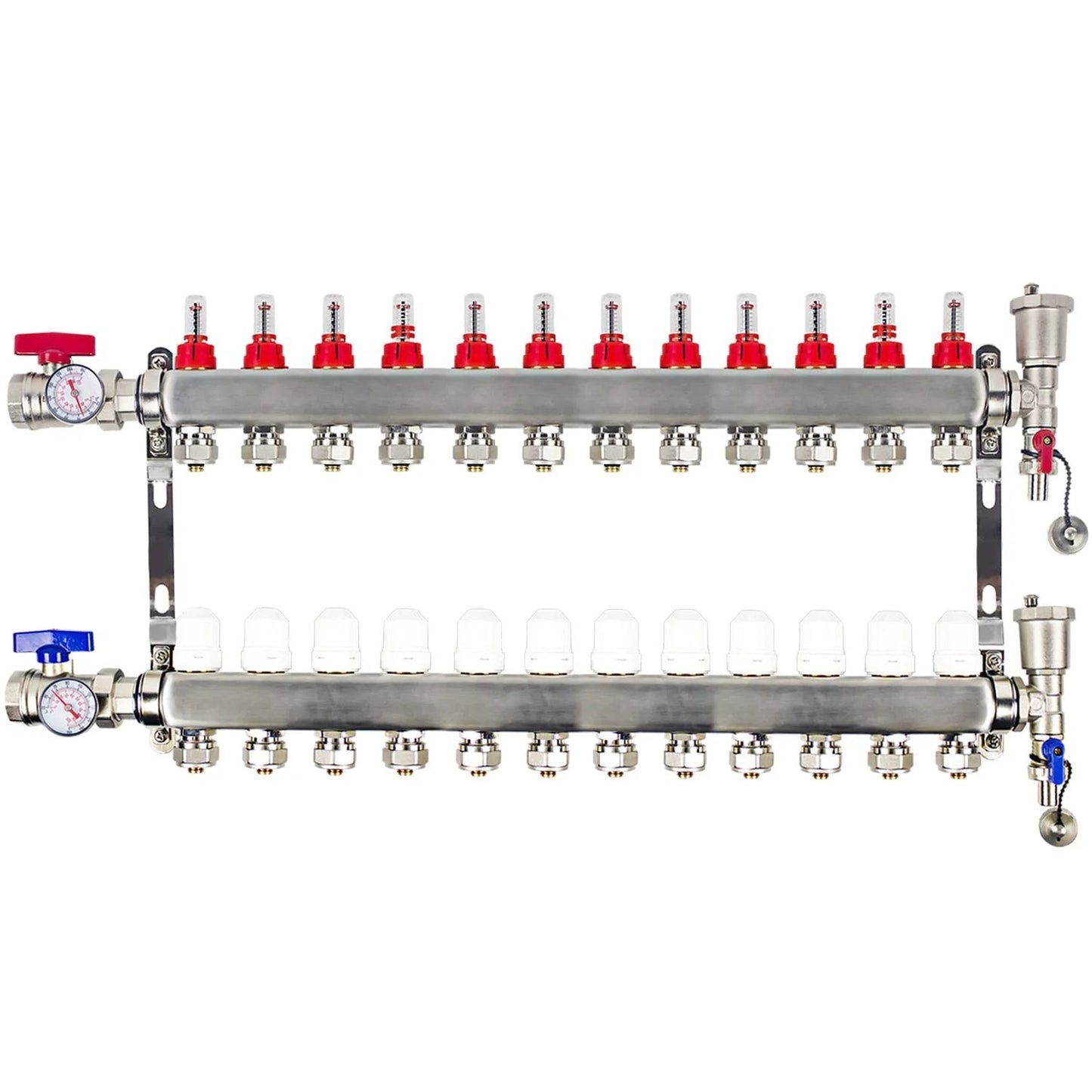 AB 12 Loop PEX Radiant Manifold For Hydronic Floor Heating With Half Inch Outlets And Up To 1.3 GPM Flow Valve Stainless Steel Build