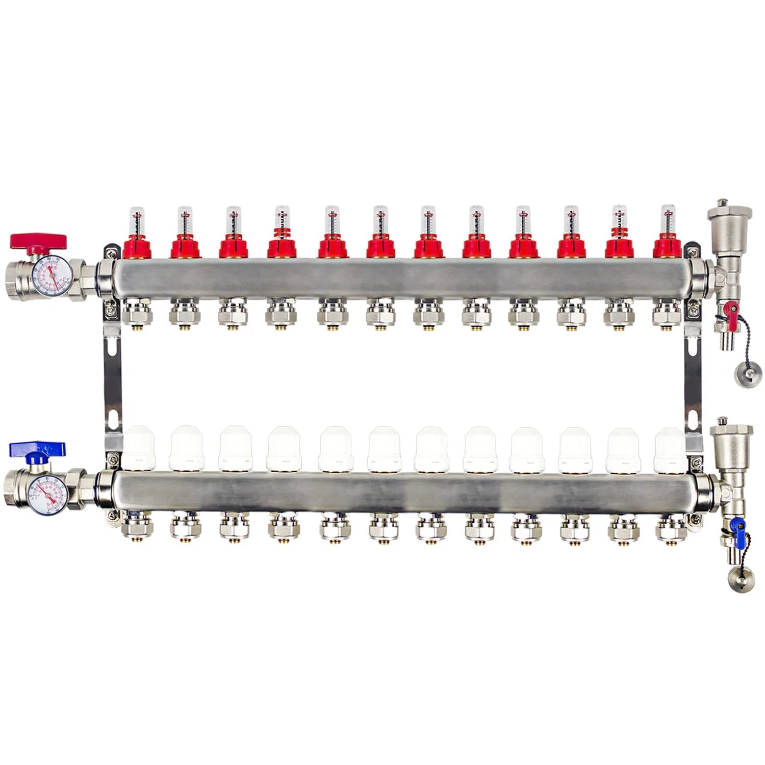 AB 12 Loop PEX Radiant Manifold For Hydronic Floor Heating With Half Inch Outlets And Up To 1.3 GPM Flow Valve Stainless Steel Build