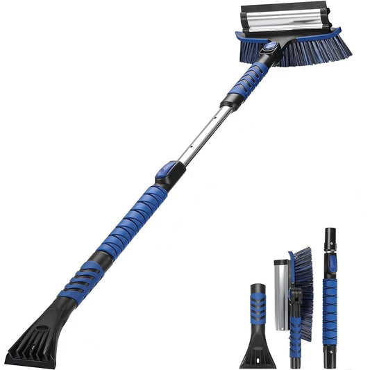 All In One Extendable Snow Brush With 180 Degree Pivoting Head Car Ice Scraper Snow Broom And Squeegee For Easy Snow Removal On Cars SUVs And Trucks For All Winter Conditions, 41in telescopic pole, side view showing brush and scraper.
