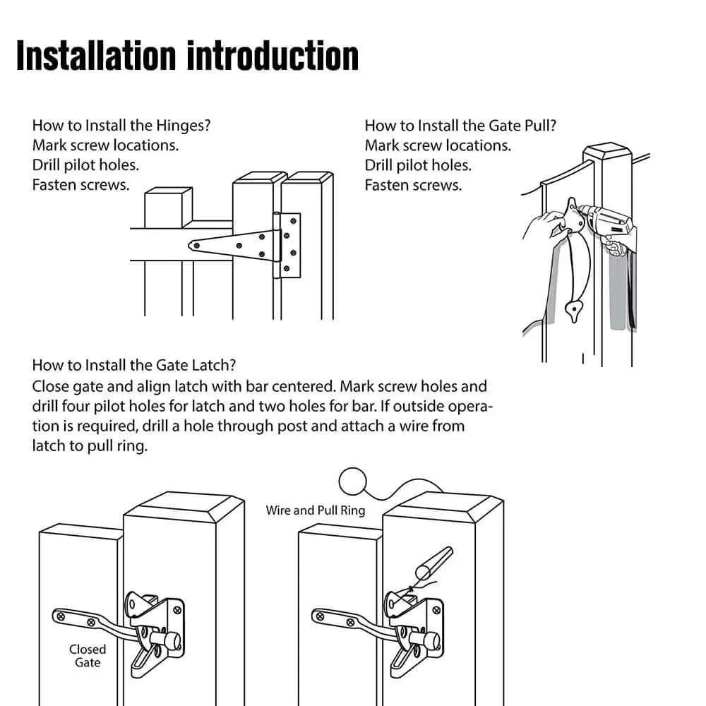 Installation instructions for Heavy Duty Gate Hardware Kit With Self Locking Gate Latch 6 Inch T Strap Hinges And 10 Inch Gate Door Handle