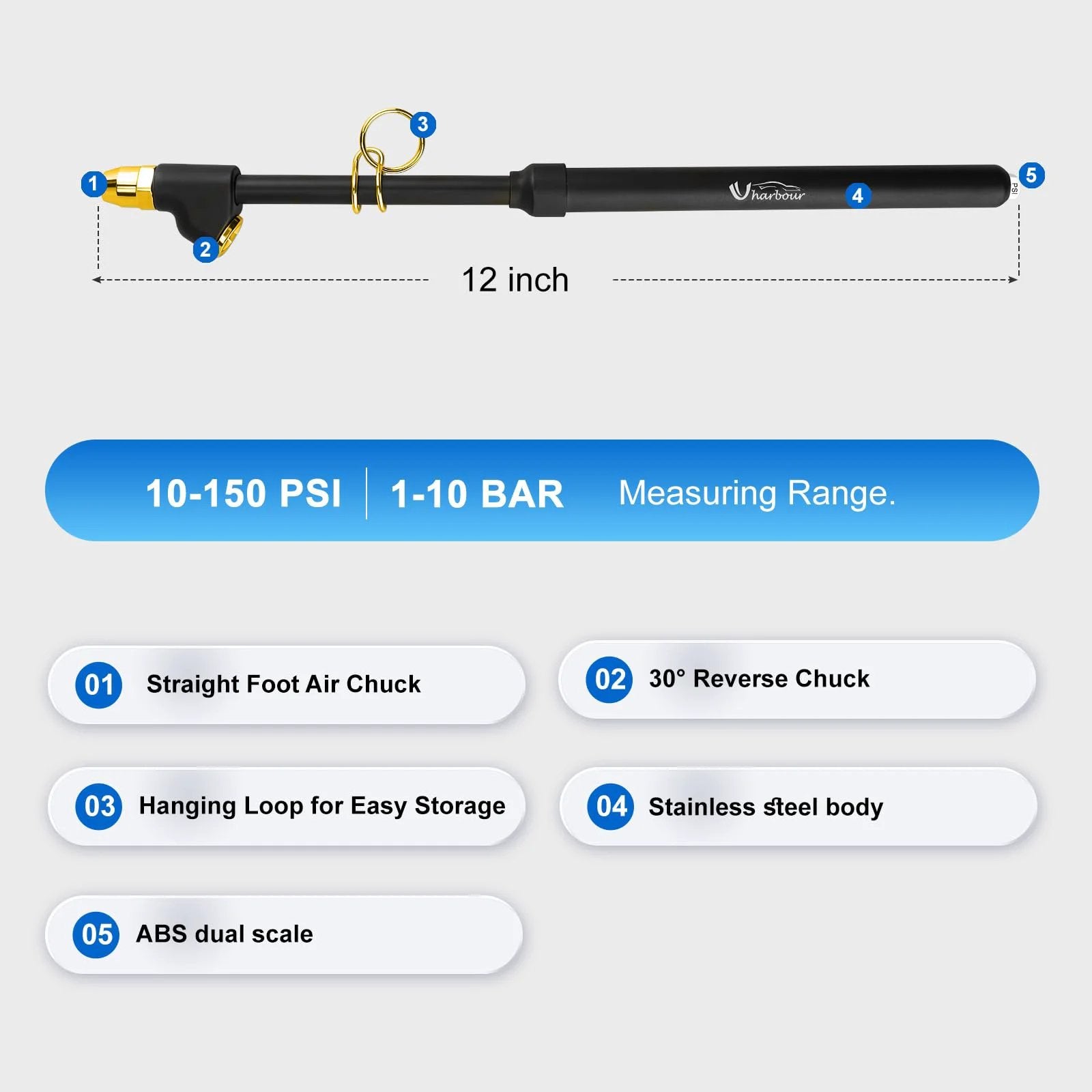 Dual Head Tire Pressure Gauge With Extended Tube For Semi Trucks, RVs, Cars And Motorcycles By UHARBOUR, 10 To 150 PSI And 1 To 10 Bar Range